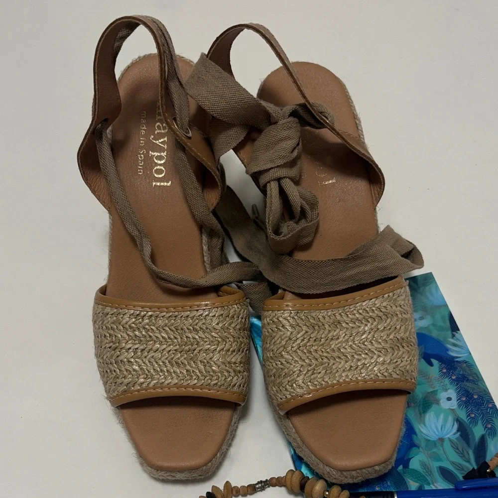 Maypol Spain Tan Espadrille Woven Nude Wedge Sandals Tie Shoes Anthropologie 39